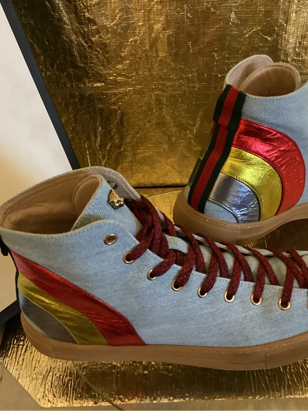 Gucci Light Blue Denim High-Top Sneakers with Red, Gold, Silver Accents